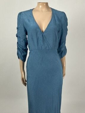 Lily Ashwell Poppy Dress in Blue Ditzy V-Neck Ruched Sleeve Midi Dress Size XS